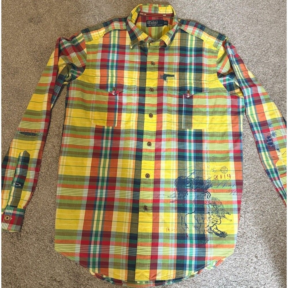 Rare Y2K Polo Ralph Lauren Dragon Madras Plaid Military Shirt Mens L Distressed